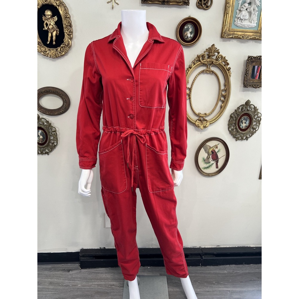 Rachel Antonoff Red Contrast Stitch Utility Jumpsuit Coveralls Size M Medium